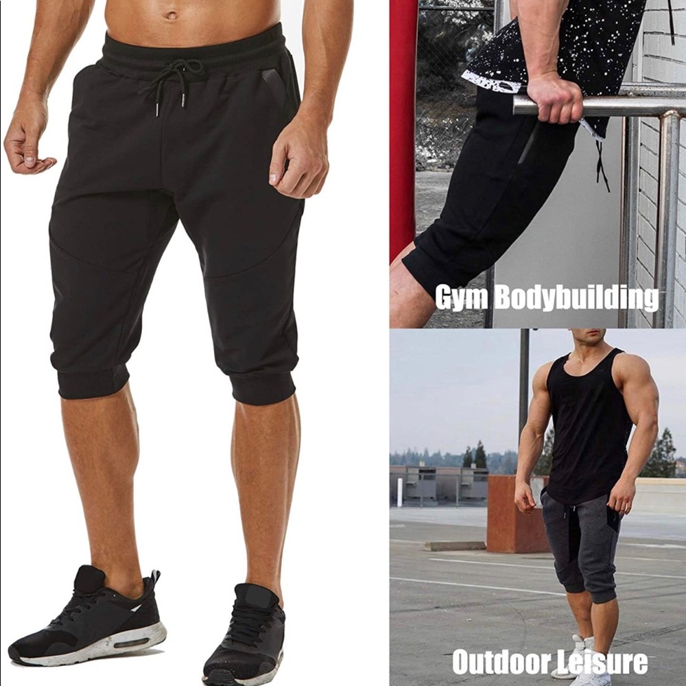 OuBER Men’s 3/4 Joggerd Pants Slim fit training workout shorts w/ zipper pocket